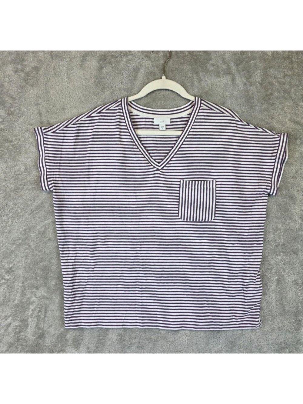J. Jill T-Shirt Womens S Purple V Neck Short Sleeve Striped Pocket Jersey Top
